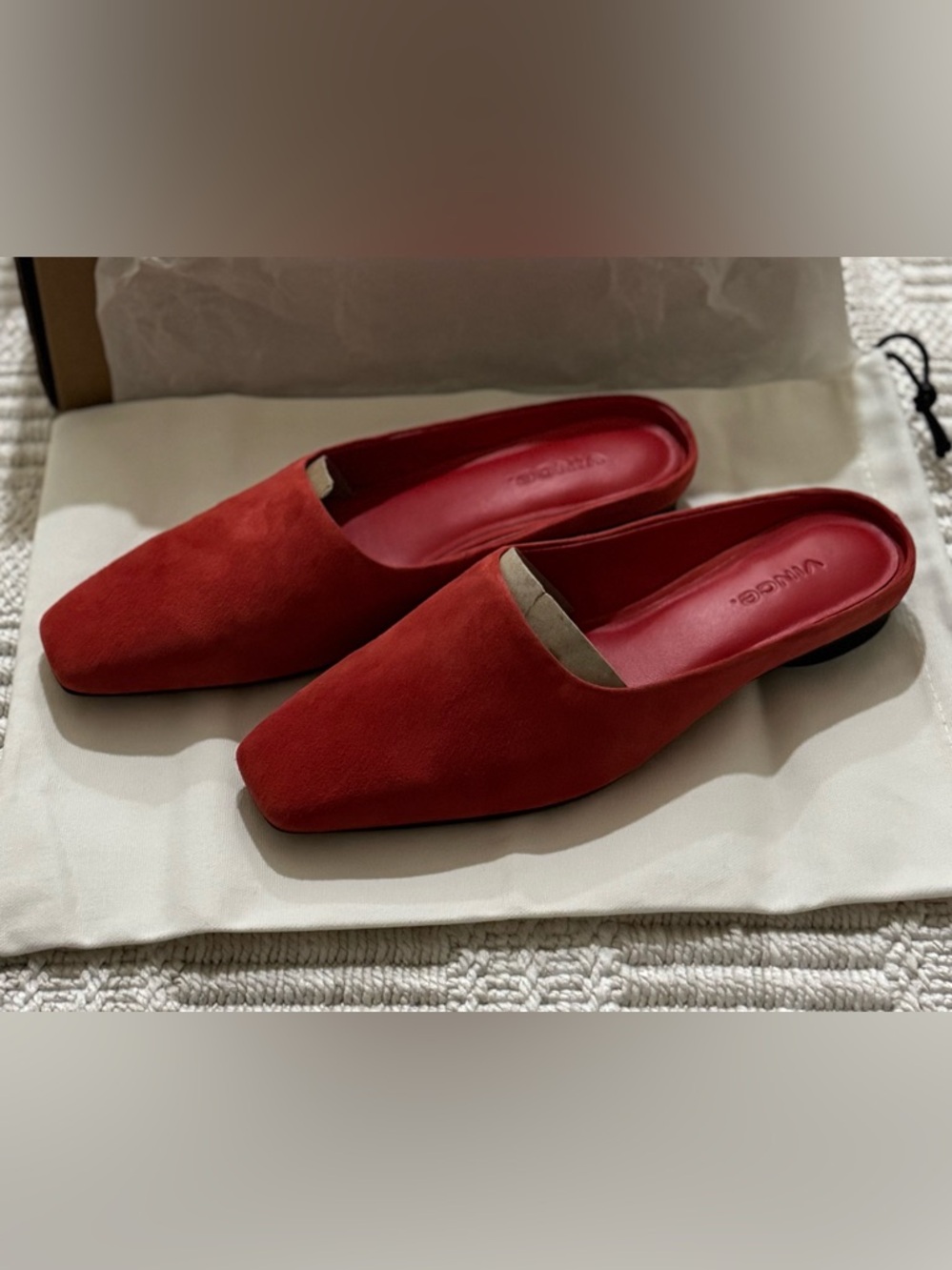 NEW in box Vince Valentina red suede square toe mule slip on shoes Sz 5.5, 35.5